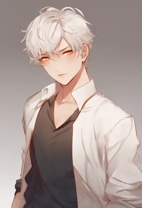 man (male), orange eyes, white-toned skin, short dark orange hair, white shirt, waist-length sweater, loose pants, simple background, anime, fantasy.