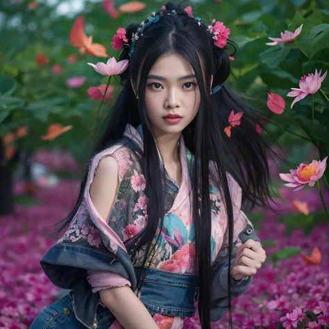 32K（tmasterpiece，k hd，hyper HD，32K）Long flowing black hair，ponds，zydink， a color， Aozhou people （Concubine girl）， （Purple silk scarf）， Combat posture， looking at the ground， long whitr hair， Floating hair， Carp pattern headdress， Chinese long-sleeved cloth...