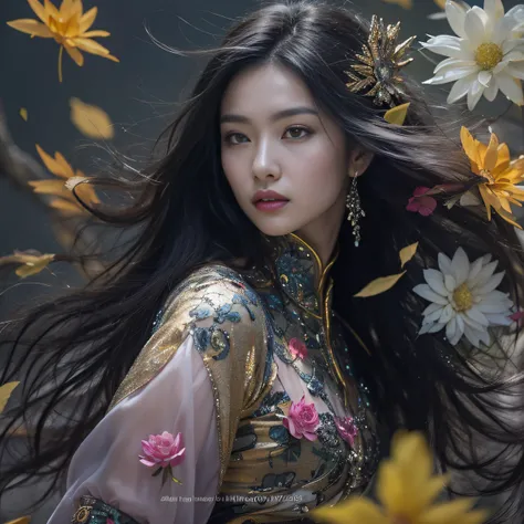 32K（tmasterpiece，k hd，hyper HD，32K）Long flowing black hair，ponds，zydink， a color， Aozhou people （Concubine girl）， （Purple silk scarf）， Combat posture， looking at the ground， long whitr hair， Floating hair， Carp pattern headdress， Chinese long-sleeved cloth...