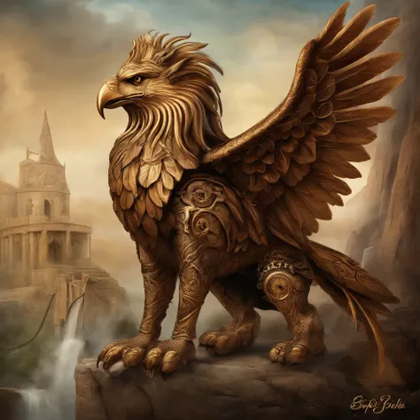 Gryphon, mythological creatures, Majestic, Powerful wings, Lion body, Eagle head, Fierce gaze, Sharp claws, feater, Golden beak, Large size, Flying, Mountains, Cloudy sky, Ancient ruins, Fantasy realm, mythological landscape, Epic, magical, mythological cr...