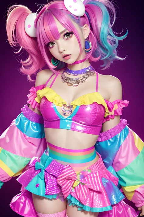 Alafe girl posing in colorful costume for photo, y 2 k cutecore clowncore, kawaii decora rainbowcore, kawaii hq render, candy girl, decora inspired, Unreal Engine : : Rave makeup, raver girl, Rave Girl, Rave Costume, glitchpunk girl, soda themed girl, play...