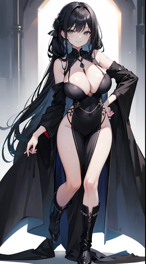 Solo，Facing the viewing angle，chiquita，Lori huge breasts cleavage，D-cups，Gorgeous black shawl，black long straight hair，Gorgeous black wedding dress，Fishtail braided hairstyle，Black colored eyes，A smug smile，Black extra-high heeled boots，stand posture，The r...