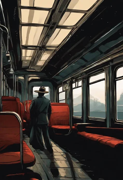 A mysterious person in an empty train car, un sombrero y gabardina ocultan su identidad, la lluvia golpea las ventanas, An atmosphere of suspense and mystery, 插圖, graphic novel style