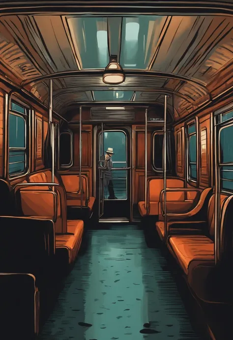 A mysterious person in an empty train car, un sombrero y gabardina ocultan su identidad, la lluvia golpea las ventanas, An atmosphere of suspense and mystery, 插圖, graphic novel style