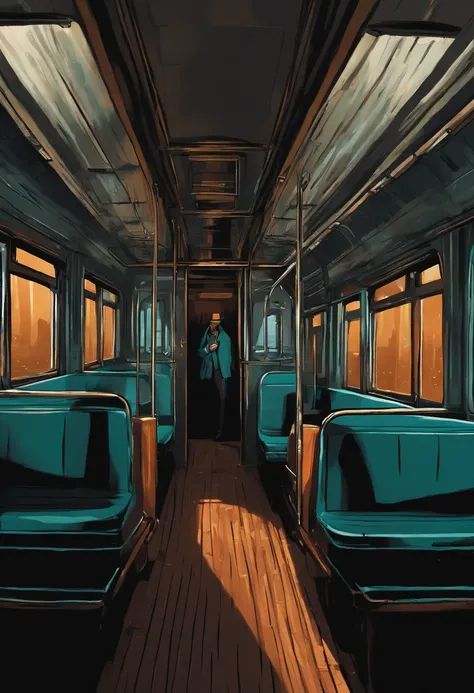 A mysterious person in an empty train car, un sombrero y gabardina ocultan su identidad, la lluvia golpea las ventanas, An atmosphere of suspense and mystery, 插圖, graphic novel style