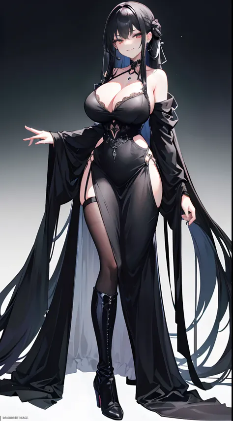 Solo，Facing the viewing angle，chiquita，Lori huge breasts cleavage，D-cups，Gorgeous black shawl，black long straight hair，Gorgeous black wedding dress，Fishtail braided hairstyle，Black colored eyes，A smug smile，Black extra-high heeled boots，stand posture，The r...