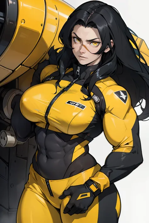 1 girl, black hair, yellow eyes, very long hair, pale skin, ((((extremely muscular)))), large breasts, (confident expression), pilot suit, close up