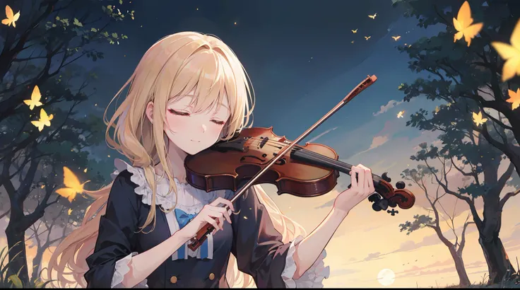 (best quality,16k,masterpiece:1.37), Kaori Miyazono (your lie in april), (playing the violin), under the moonlight, in a field full of (fireflies), closed eyes, gentle smile, a deep feeling of melancholy fill up the scene.