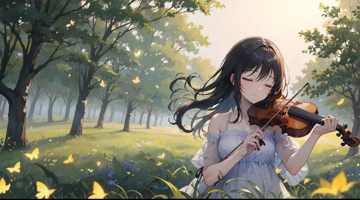 (best quality,16k,masterpiece:1.37), Kaori Miyazono (your lie in april), (playing the violin), under the moonlight, in a field full of (fireflies), closed eyes, gentle smile, a deep feeling of melancholy fill up the scene.