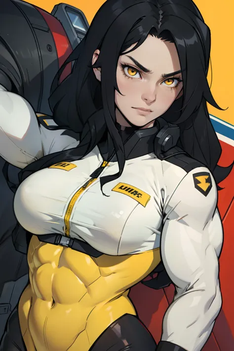 1 girl, black hair, yellow eyes, very long hair, pale skin, ((((extremely muscular)))), large breasts, (confident expression), pilot suit, close up