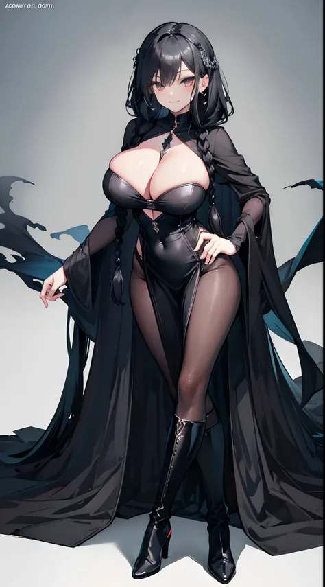 Solo，Facing the viewing angle，bit girl，Lori huge breasts cleavage，Gorgeous black shawl，black long straight hair，Gorgeous black wedding dress，Fishtail braided hairstyle，Black colored eyes，A smug smile，Black super-heeled boots，stand posture，Extend your right...