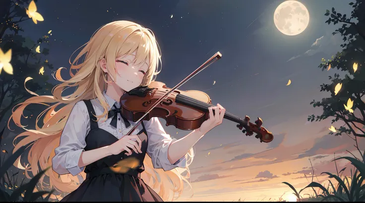 (best quality,16k,masterpiece:1.37), Kaori Miyazono (your lie in april), (playing the violin), under the moonlight, in a field full of (fireflies), closed eyes, gentle smile, a deep feeling of melancholy fill up the scene.