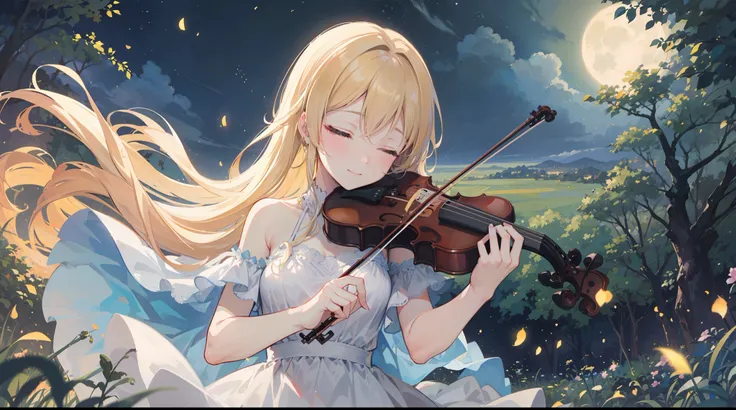 (best quality,16k,masterpiece:1.37), Kaori Miyazono (your lie in april), (playing the violin) under the moonlight, in a field full of (fireflies), closed eyes, gentle smile, a deep feeling of melancholy fill up the scene.