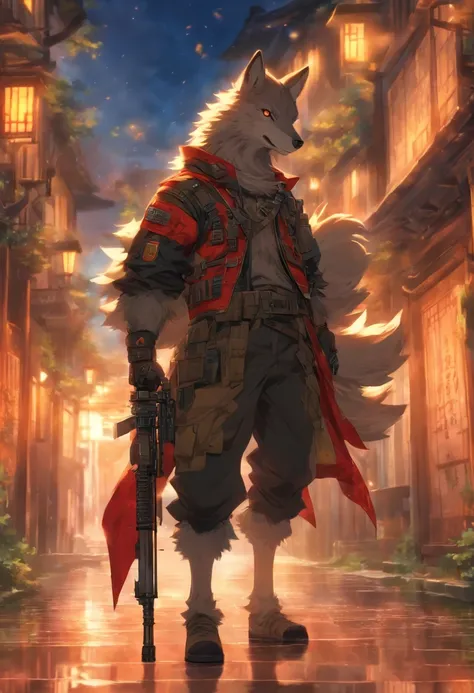 Hold a sniper rifle、Or a wolf that shoots,8th class, Cinematic light and reflection, Intermediate metaverse elements，Digital Painting, Glowing reflections,Skylight at night with a beautiful atmosphere,Surrounded by clouds, Overlooking angle, Buildings in m...