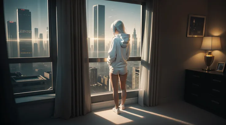 Generate an image depicting a girl seen from behind, standing by the window in her bedroom, gazing out at a cityscape. She is wearing a white hoodie and white panties. The girl has long white hair flowing down her back. The image has an ambiance that is su...