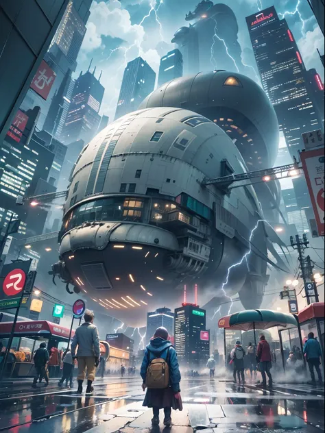 1boy,a 13 yo boy、Anime-like protagonist、Cyberpunk Boy、silber hair、The beginning of the adventure、Lots of clouds,heavy fog、(Lightning:1.5)、(drenching:1.5)、Chaotic city of the future、Movie dystopia、(Giant airship:1.5)、A group of very tall skyscrapers stands ...