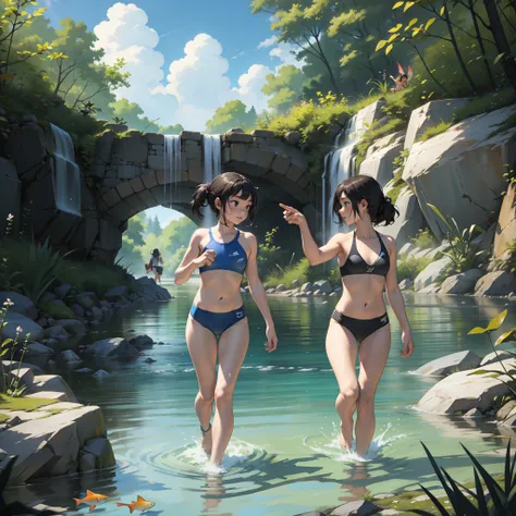 Two girls swimming together，Spring water，Small fish