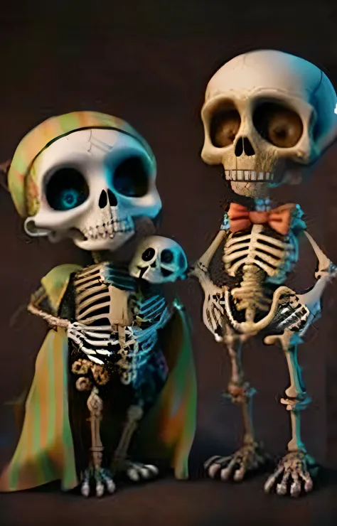 two skeletons dressed in costumes standing next to each other, cute skeleton, skeletons, skulls and skeletons, ska skeleton and girlfriend, dia de los muertos!!, all skeletons, el dia los muertos!, detailed and creepy, with a skeleton army, by Mark Ryden, ...