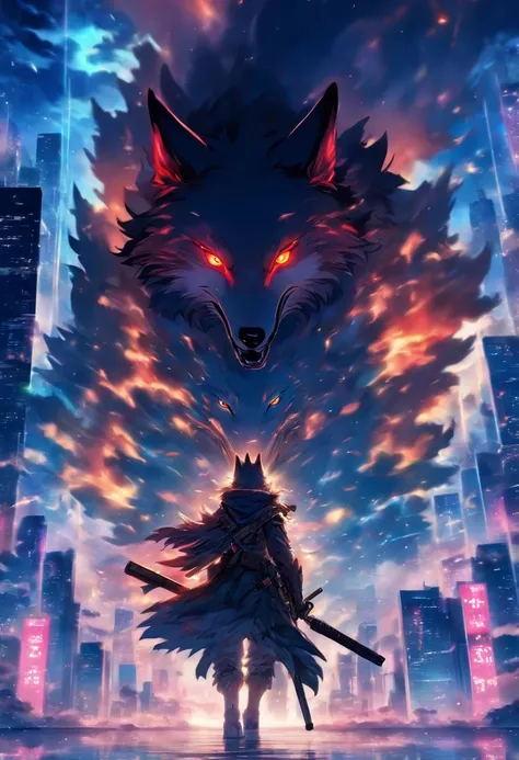 Holding a sniper rifle、Or a wolf that shoots,8th class, Cinematic light and reflection, Intermediate metaverse elements，Digital Painting, Glowing reflections,Skylight at night with a beautiful atmosphere,Surrounded by clouds, Looking down from a high place...