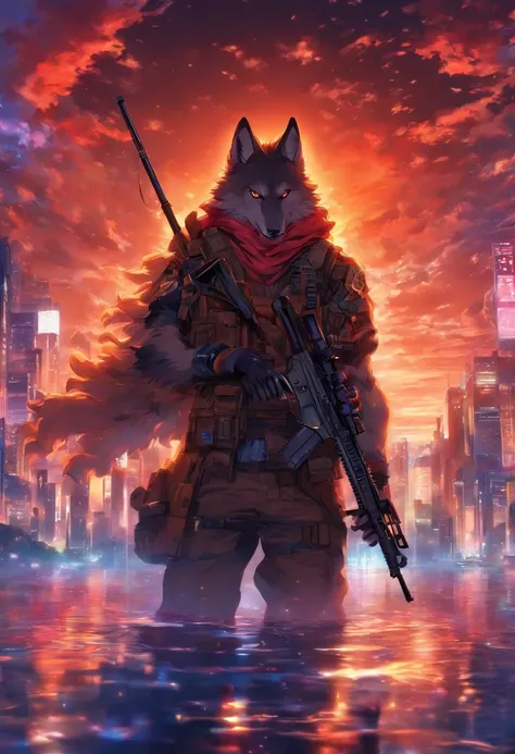 Holding a sniper rifle、Or a wolf that shoots,8th class, Cinematic light and reflection, Intermediate metaverse elements，Digital Painting, Glowing reflections,Skylight at night with a beautiful atmosphere,Surrounded by clouds, Looking down from a high place...