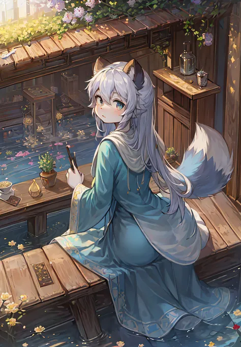 A raccoon，Fluffy tail，Ambiguous gender，adolable，gentleness，Artboards and brushes，Clear lake water，Lotus flowers cover the lake，Blue costume，Water sleeves fluttering，long white robe，Looking out over the lake，Step into the lake，scribbles，Drawing board，facing...