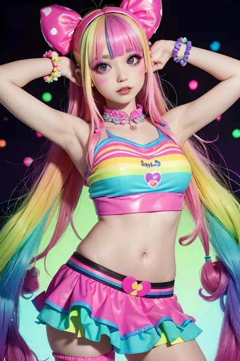 alafe girl posing in colorful costume for photo, y 2 k cutecore clowncore, kawaii decora rainbowcore, kawaii hq render, candy gi...