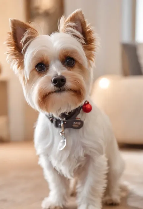 Biewer terrier a la pompom, em um apartamento luxuoso, comendo melancia