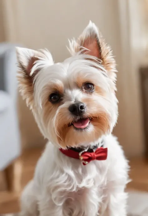 Biewer terrier a la pompom, em um apartamento luxuoso, comendo melancia