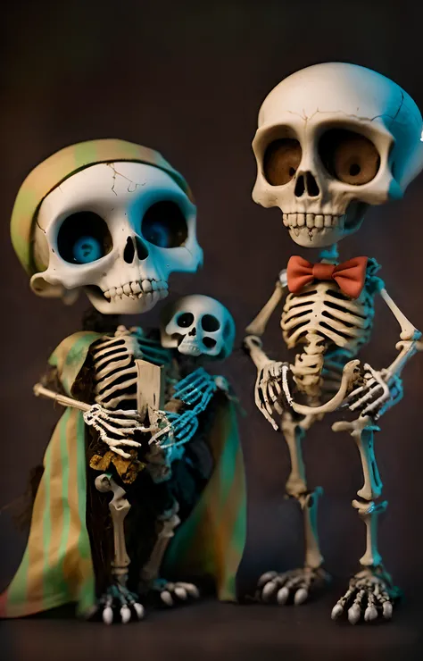 two skeletons dressed in costumes standing next to each other, cute skeleton, skeletons, skulls and skeletons, ska skeleton and girlfriend, dia de los muertos!!, all skeletons, el dia los muertos!, detailed and creepy, with a skeleton army, by Mark Ryden, ...