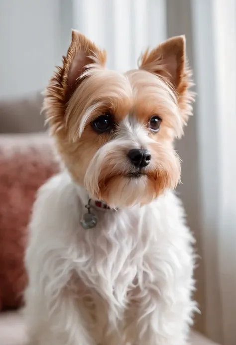 Biewer terrier a la pompom, em um apartamento luxuoso, mordendo a fruta melancia