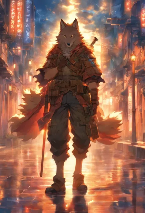 Have a sniper rifle、Or a wolf that shoots,8th class, Cinematic light and reflection, Intermediate metaverse elements，Digital Painting, Glowing reflections,Skylight at night with a beautiful atmosphere,Surrounded by clouds, looking-down, Buildings in mediev...