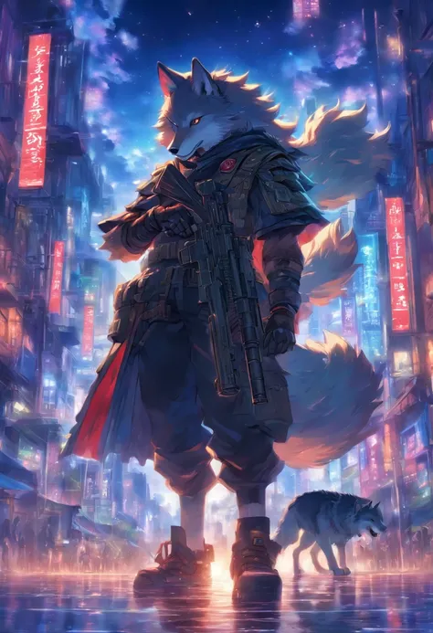 Have a sniper rifle、Or a wolf that shoots,8th class, Cinematic light and reflection, Intermediate metaverse elements，Digital Painting, Glowing reflections,Skylight at night with a beautiful atmosphere,Surrounded by clouds, looking-down, Buildings in mediev...