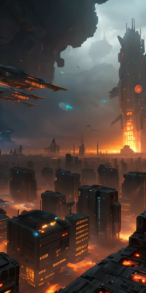 Ciudad futurista con una nave espacial volando sobre ella por la noche, Space Opera and dystopian style, dystopian scifi apocalypse, award winning scifi art, En Fantasy Sci - Fi City, Awesome sci-fi concept art, sci-fi fantasy wallpaper, Futuristic dystopi...