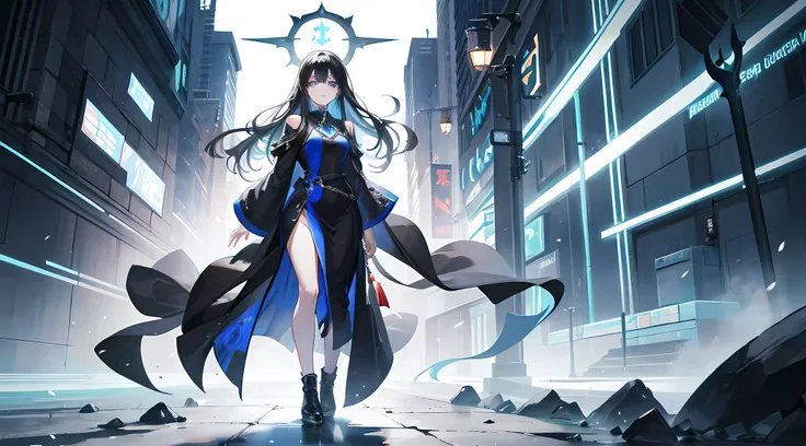 Full body from head to toe, a 28 year old sorcerer young woman stood on the street, long black hair, sharp green eyes, wearing a dark blue robe with a runic symbol on the chest.