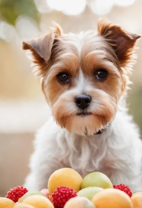 Biewer terrier a la pompom comendo frutas