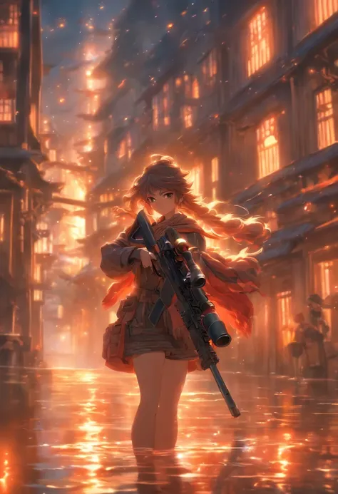 OOKAMI holding or shooting a sniper rifle Illustration, Cinematic light and reflection, Intermediate metaverse elements，Digital Painting, Glowing reflections,Beautiful atmosphere night skylight,Surrounded by clouds, Buildings in medieval Europe, glazed til...