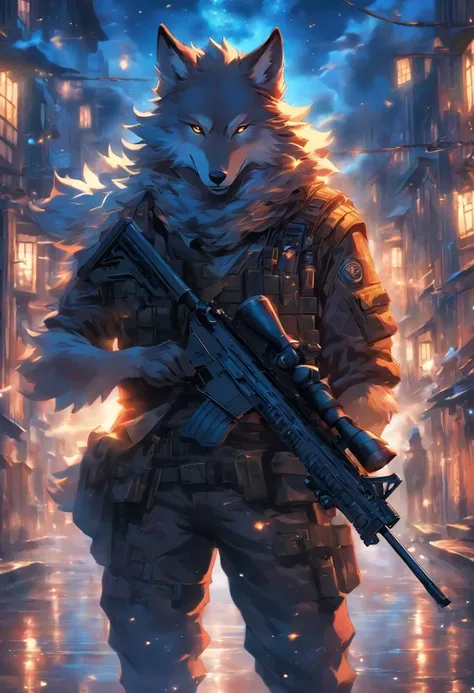 Illustration of a wolf holding or shooting a sniper rifle, Cinematic light and reflection, Intermediate metaverse elements，Digital Painting, Glowing reflections,Beautiful atmosphere night skylight,Surrounded by clouds, Buildings in medieval Europe, glazed ...