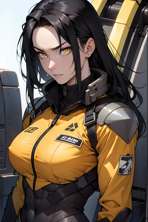 1 girl, black hair, yellow eyes, very long hair, pale skin, ((((extremely muscular)))), large breasts, (confident expression), pilot suit, close up