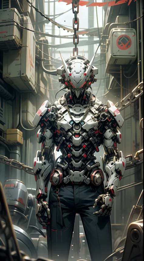 Dark_Fantasy,Cyberpunk,(chain saw,chain saw man,blue:1.1),1man,Mechanical marvel,Robotic presence,Cybernetic guardian, red eyes, extremely detailed face