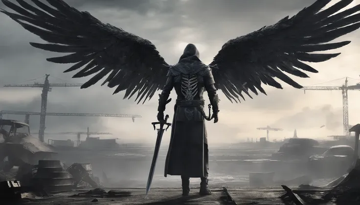 realistic, 4k, an angel + Skeleton king with intricate details, showcasing detailed info items and skill images with dynamic effects + with big wings, a sword, a hood over his head in the background image of a war (chaos)