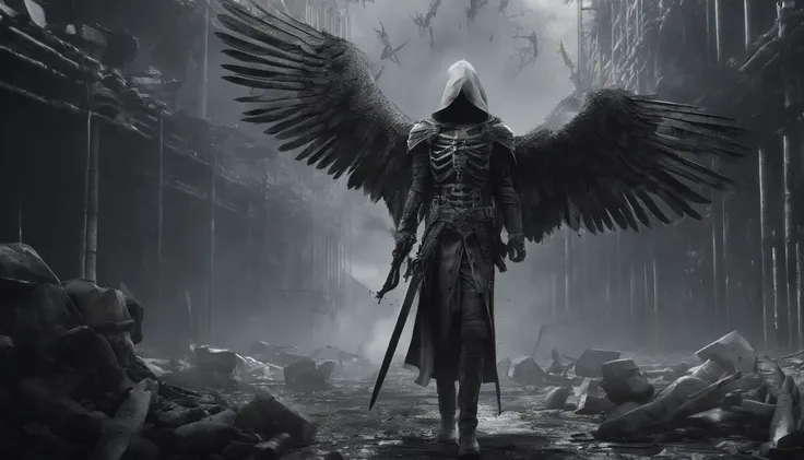 realistic, 4k, an angel + Skeleton king with intricate details, showcasing detailed info items and skill images with dynamic effects + with big wings, a sword, a hood over his head in the background image of a war (chaos)