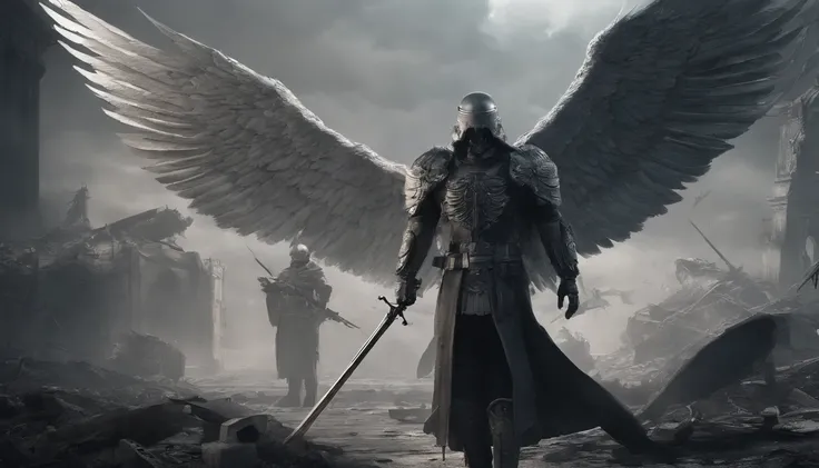 realistic, 4k, an angel + Skeleton king with intricate details, showcasing detailed info items and skill images with dynamic effects + with big wings, a sword, a hood over his head in the background image of a war (chaos)