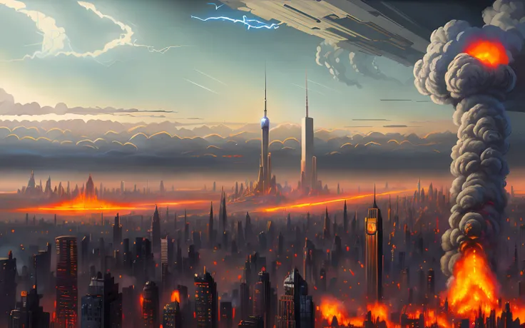 Smoke and fire rise from a city with a huge mushroom explosion, Sci - Fi Scene Future New York, Nueva York en el futuro, apocalyptic future city, Paisaje urbano futurista, New York City in the Year 2100, Ciudad Apocalyptik, Paisaje urbano futurista, En Fan...