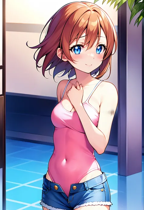 Kousaka honoka, blue eyes, best quality, masterpiece, upper body, standing, solo focus, short hair, medium breasts, one-piece_tan, tan, cleavage, bikni top, denim jeans shorts, looking at viewer, mall, (blush:1.2), happy, side view