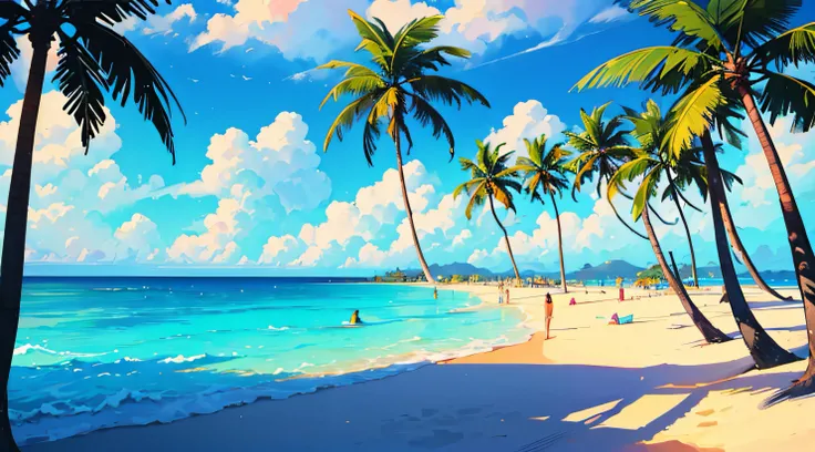 ((Best Quality, 8K, Masterpiece: 1.3)), A pristine beach with turquoise waters and palm trees, inviting travelers to relax in a tropical paradise.