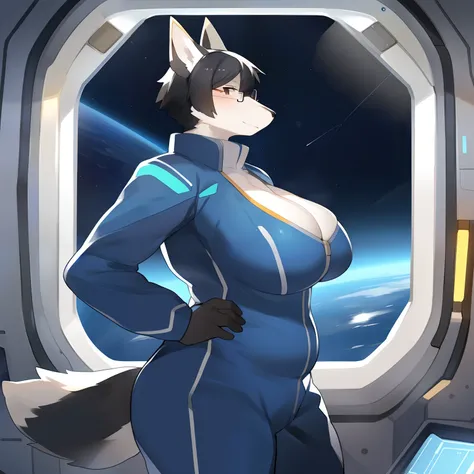 By bebebebebe, by Shirokoma, by faeki, solo, fox, glasses, ((short black hair, snout)), chubby, muscular, big breasts, blue military spacesuit, spaceship, space, window, standing