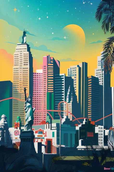 a picture illustration of a city with a statue of liberty in the foreground, new york backdrop, new york in the future, colorful city, illustration style, by Jason Benjamin, in style of digital illustration, stylized digital illustration, stylised illustra...