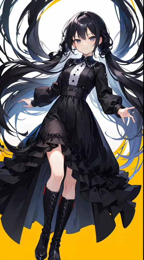 Solo，Facing the viewing angle，bit girl，Loli，Gorgeous black wedding dress，Black hair，Fishtail braided hairstyle，Black colored eyes，A smug smile，Black super-heeled boots，stand posture，Extend your right leg forward，White background,Simple background