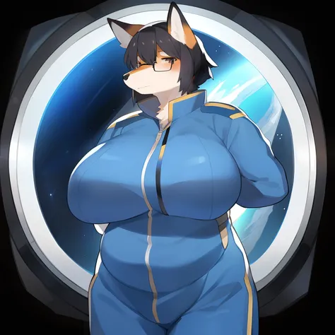 By bebebebebe, by Shirokoma, by faeki, solo, fox, glasses, ((short black hair, snout)), chubby, muscular, big breasts, blue military spacesuit, spaceship, space, window, standing, facing viewer