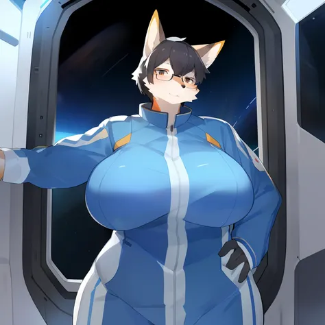 By bebebebebe, by Shirokoma, by faeki, solo, fox, glasses, ((short black hair, snout)), chubby, muscular, big breasts, blue military spacesuit, spaceship, space, window, standing, facing viewer